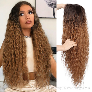 Vigorous Hot Sale Cheap Nature Lace Front Ombre Brown Long Fiber Wig Kinky Curly Wavy Synthetic Hair Wigs For Black Women